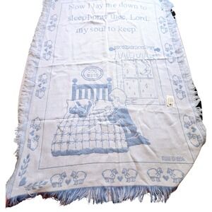 Vtg Baby Blanket Prayer Now I Lay Me Down to Sleep Light Blue Woven Tapestry NEW